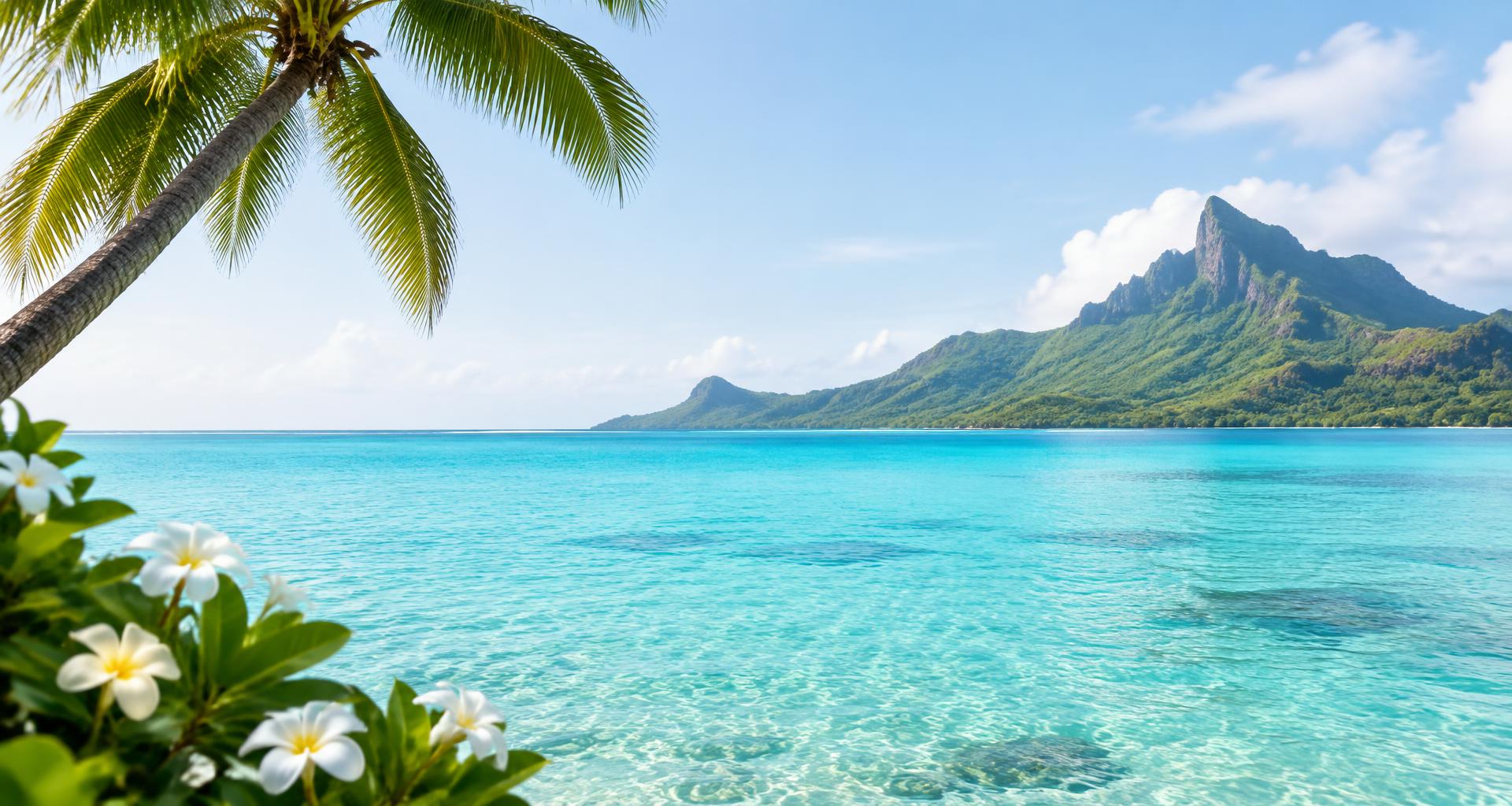 Lagon turquoise et fleurs de tiaré en Polynésie